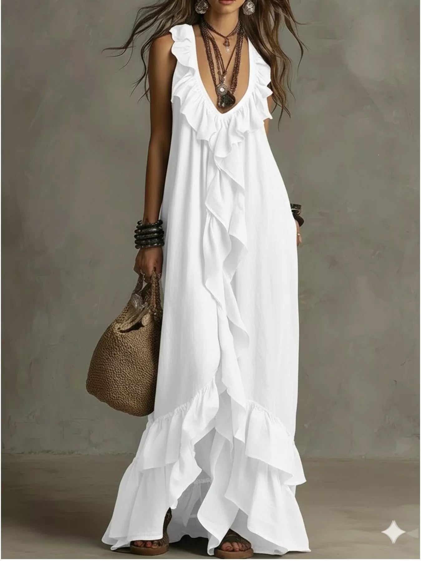 Sleeveless white maxi dress with layered ruffle tiers along the skirt