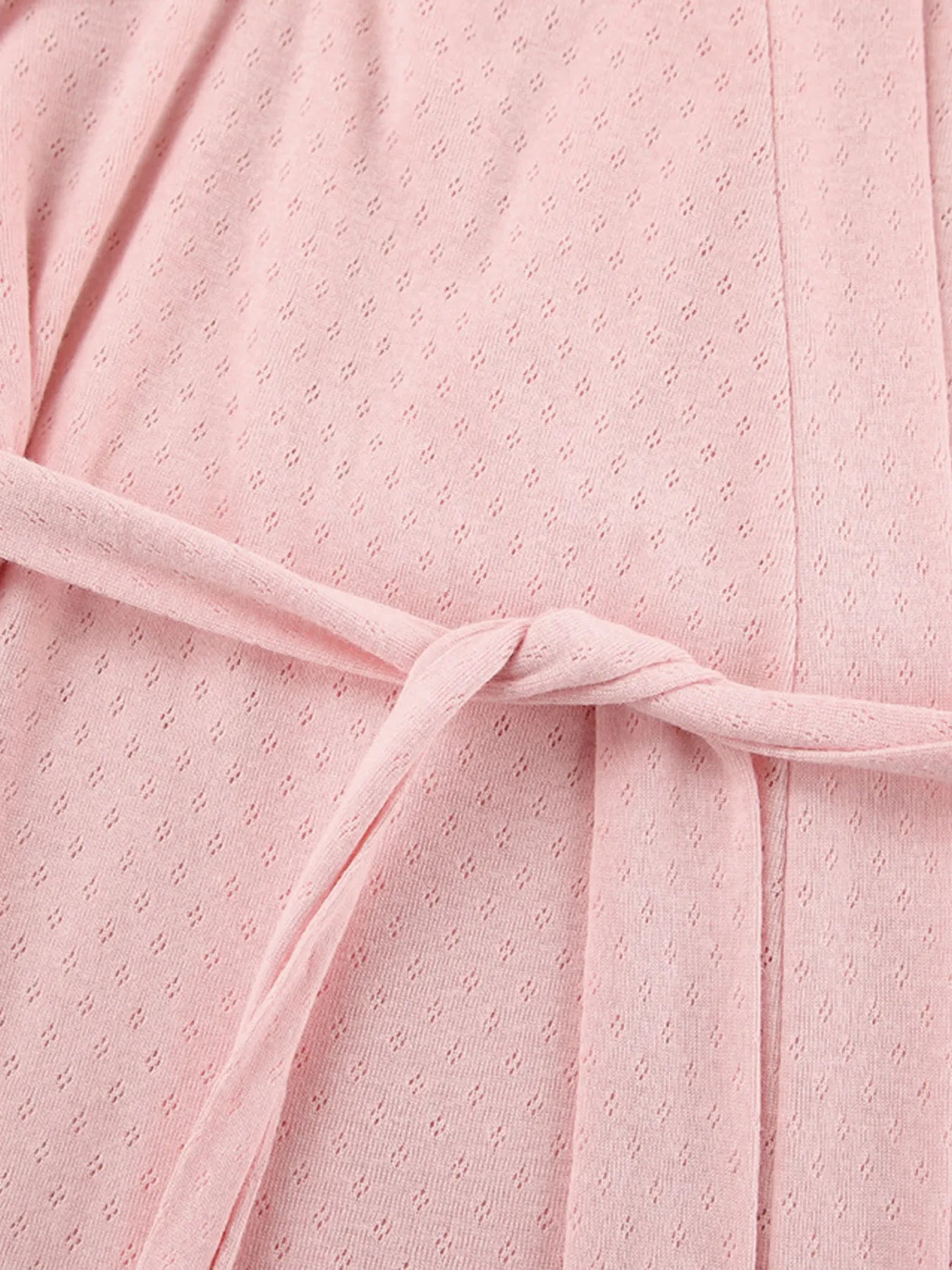 Dusty pink tie-waist kimono nightgown with tied waist belt and V placket
