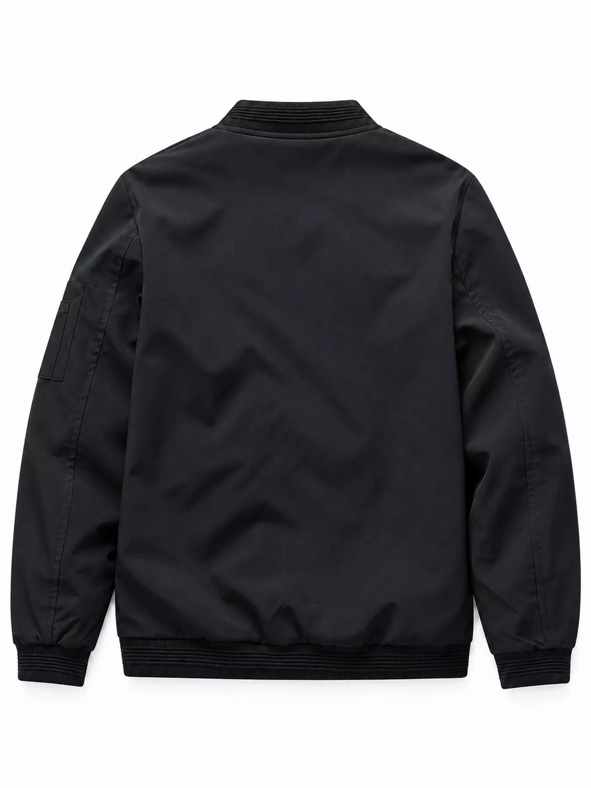 Men's lightweight bomber jacket, back view, ribbed collar and cuffs, dark black