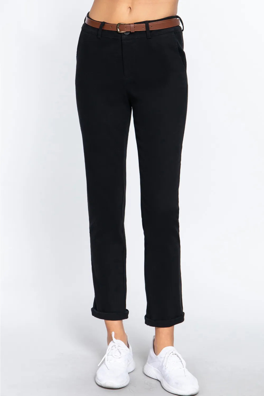 Black straight pants with crease, cuffed hem, and belt loops