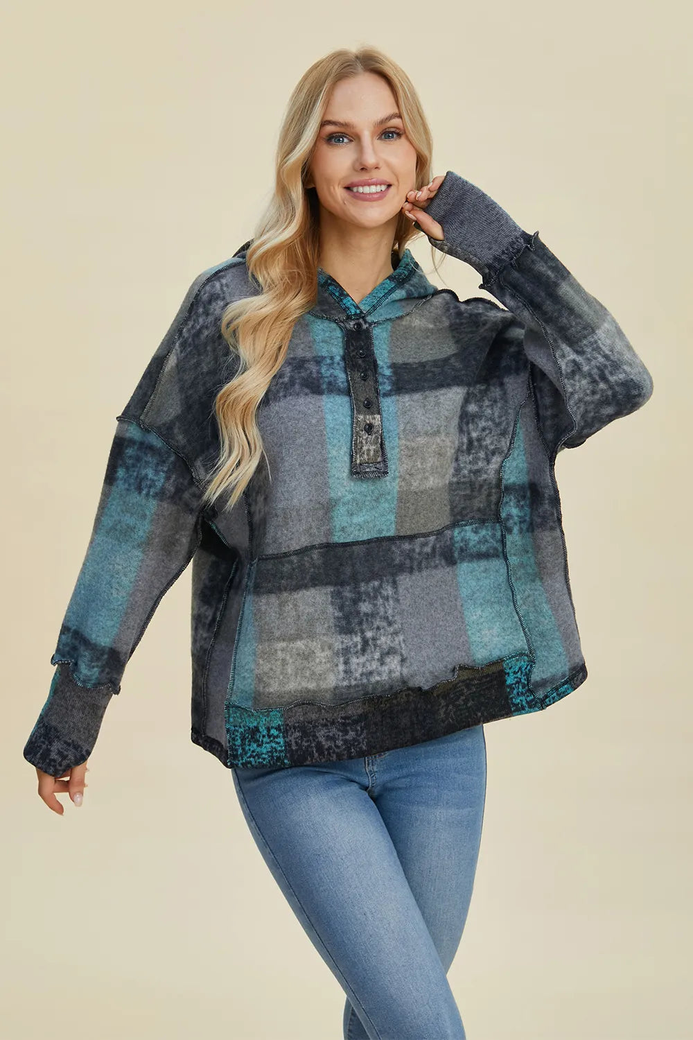 Multicolor plaid fleece hoodie with hood and half-zip placket, relaxed dropped shoulders