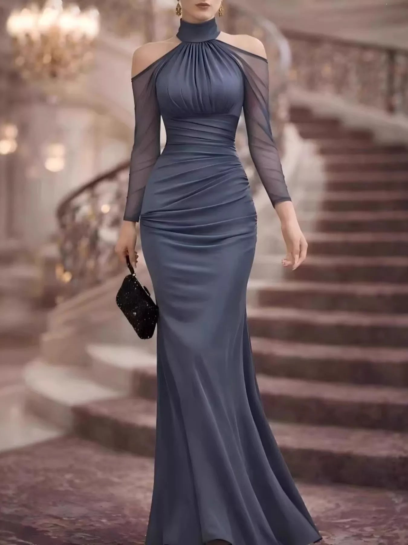 Blue cold-shoulder mesh-sleeve maxi dress with halter neck and ruched fitted skirt