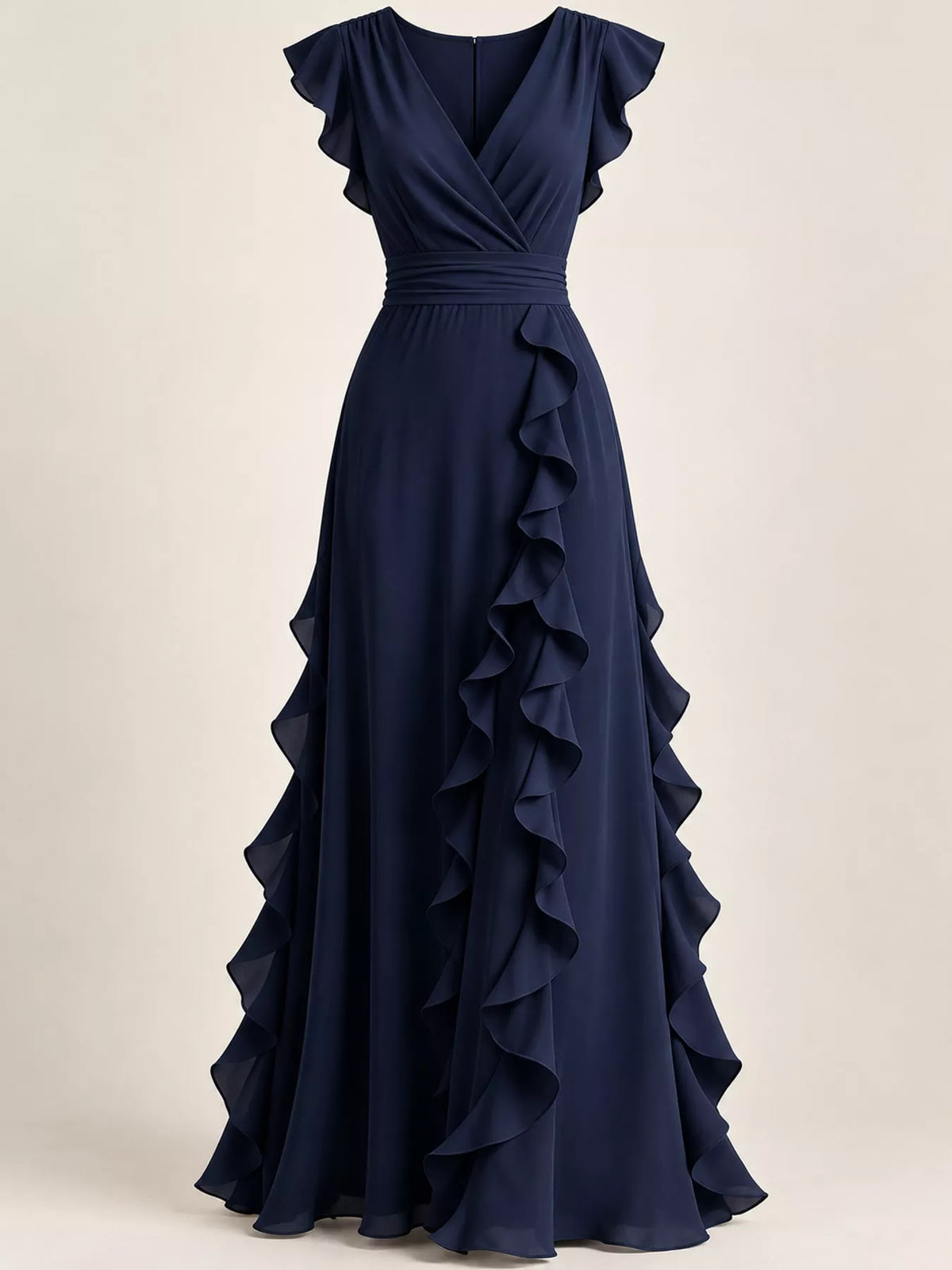 Navy sleeveless maxi dress front view with high waist tie and layered ruffle skirt