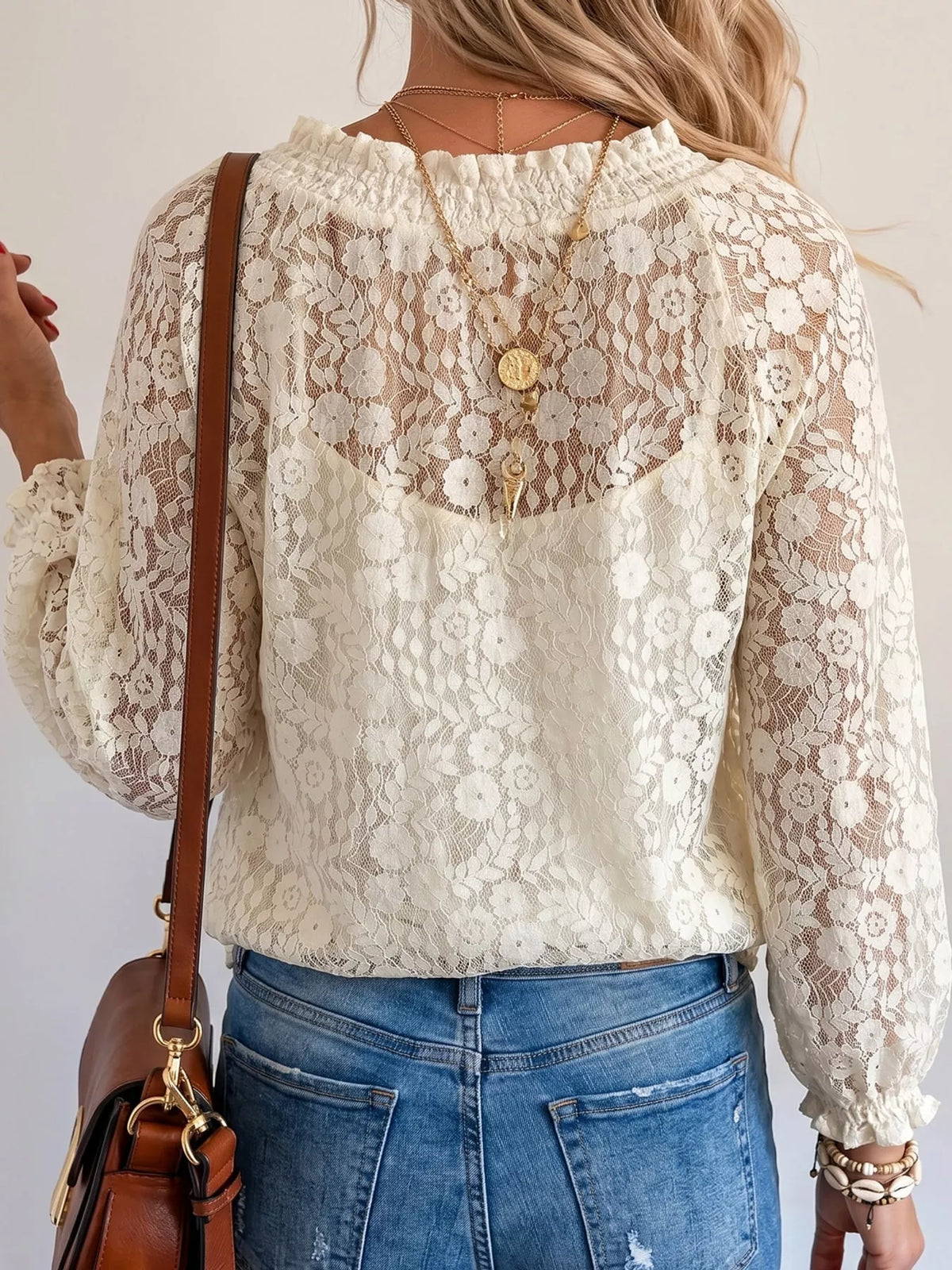 White openwork lace long-sleeve blouse with gathered back yoke