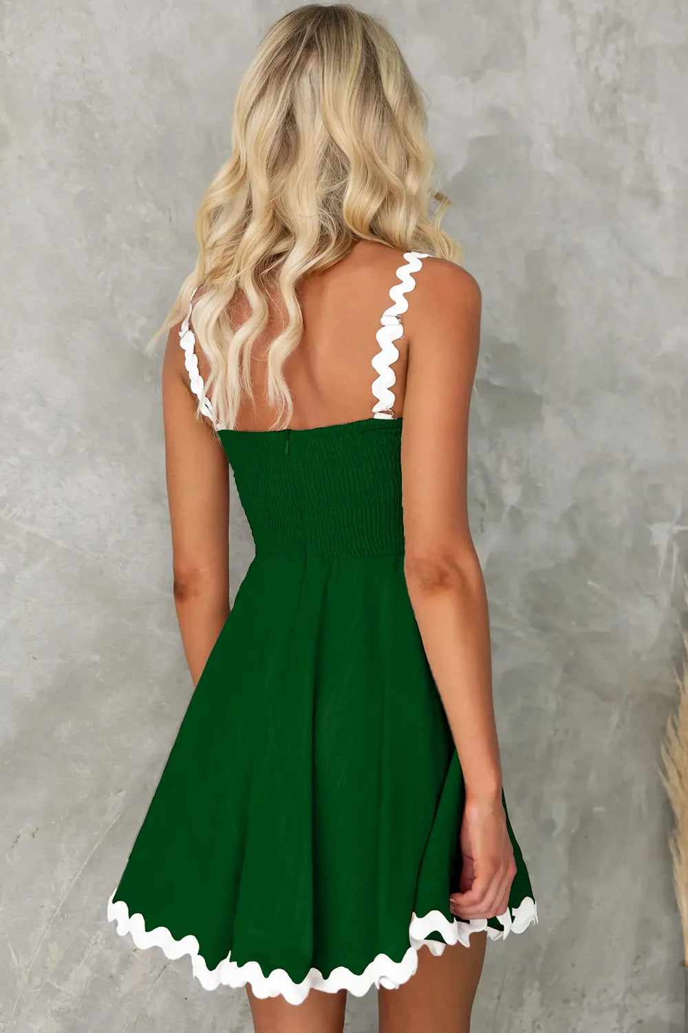 Contrast Trim Square Neck Mini Dress in green with white scalloped trim on straps and hem