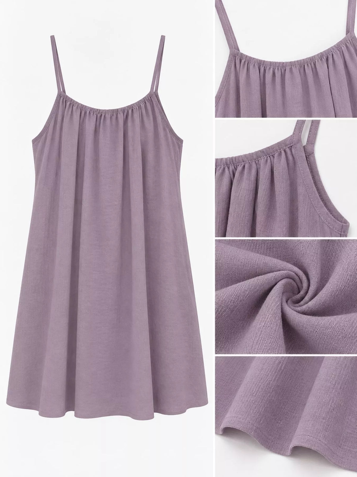 Lavender spaghetti strap ruched mini dress close-up: pleats and adjustable ties