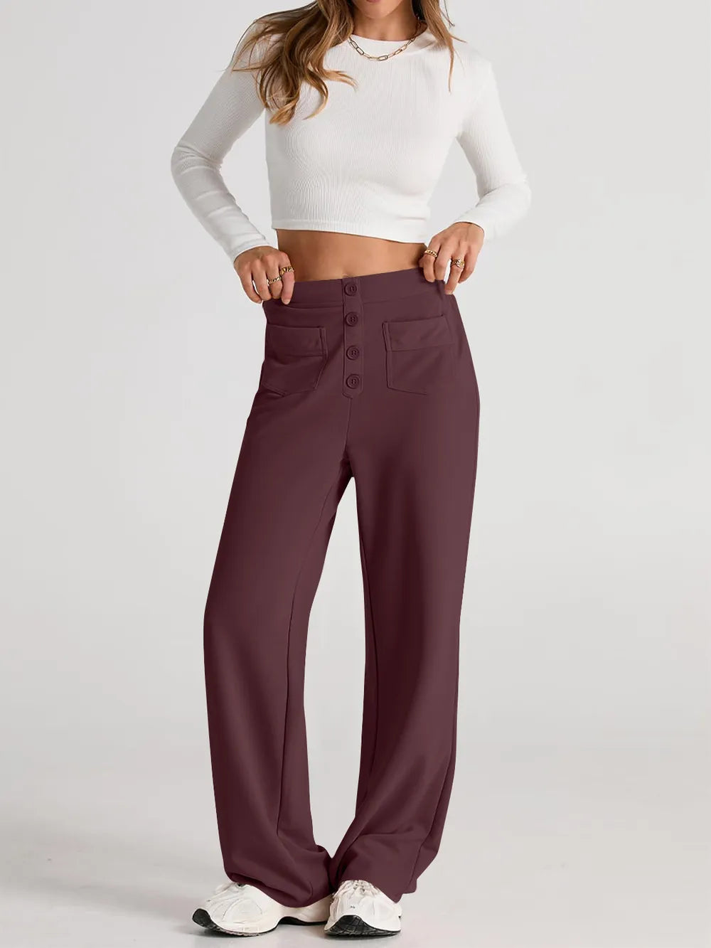 Deep purple high-waist wide-leg pants with front pleats and button closure