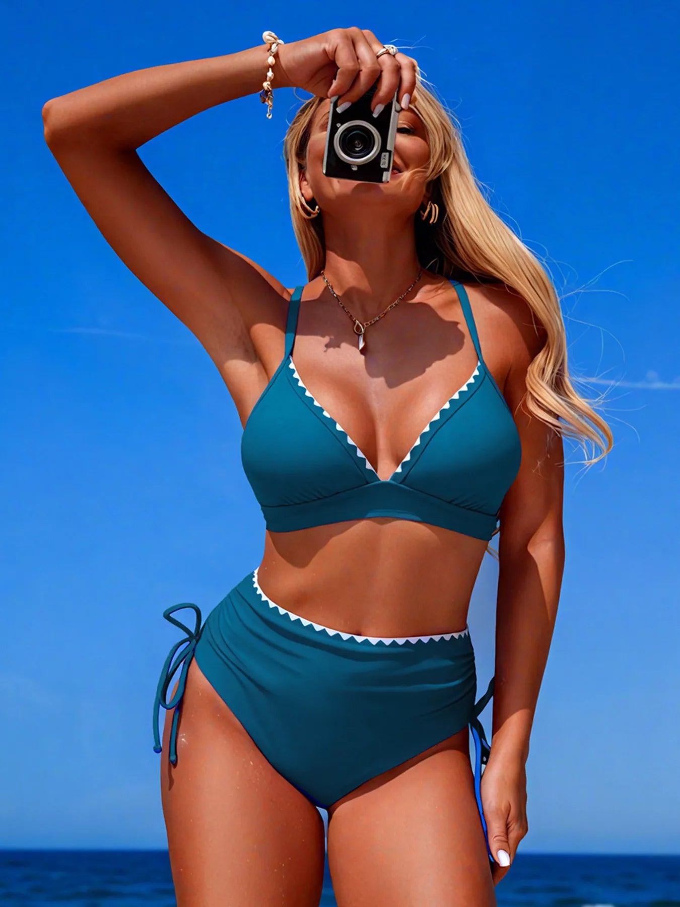 Scalloped Trim High-Waisted Two-Piece Swim Set in teal with white trim