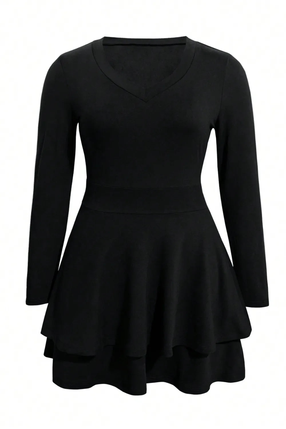 Plus-size layered V-neck long-sleeve black mini dress with tiered skirt