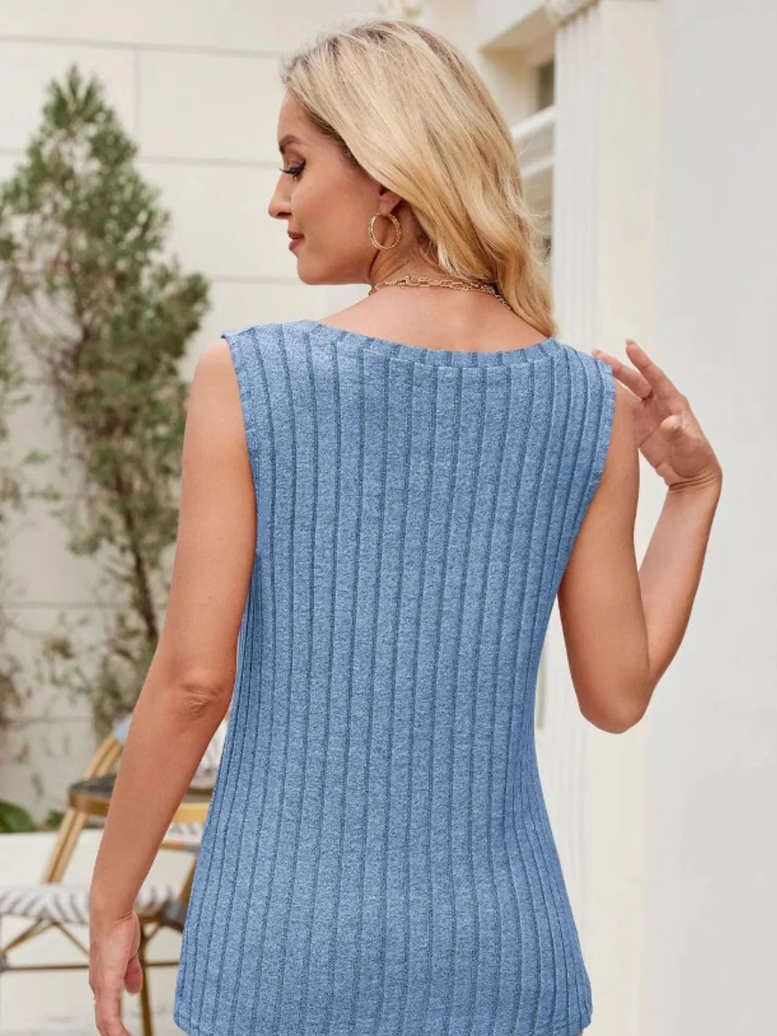 Ribbed round neck tank in dusty blue, sleeveless knit with ribbed back panel.