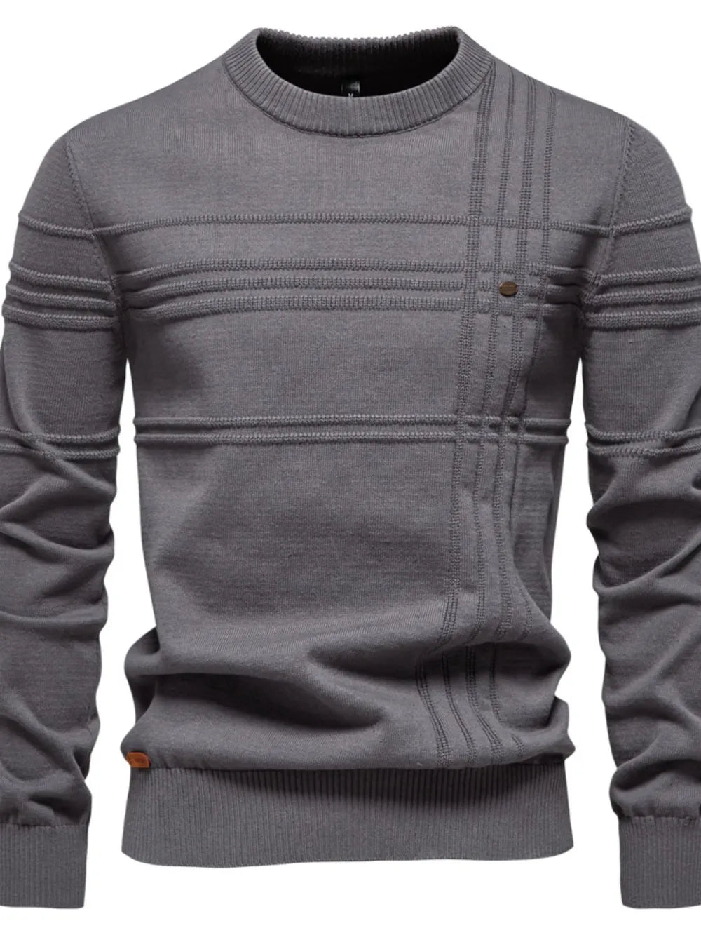 Navy men’s round-neck striped knit sweater with ribbed cuffs and chest button detail