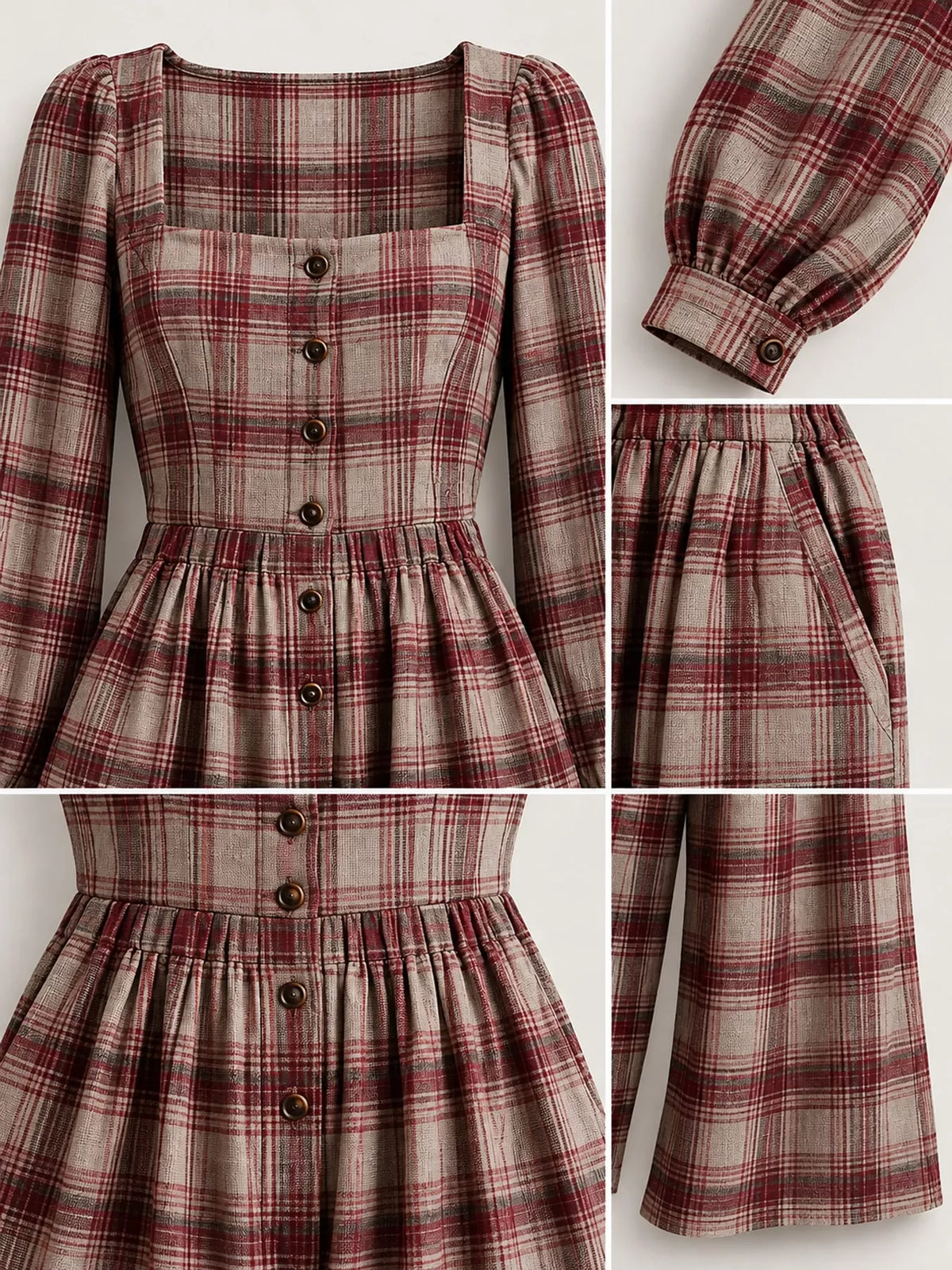 Red plaid jumpsuit detail: square neckline, front button placket, gathered skirt waist