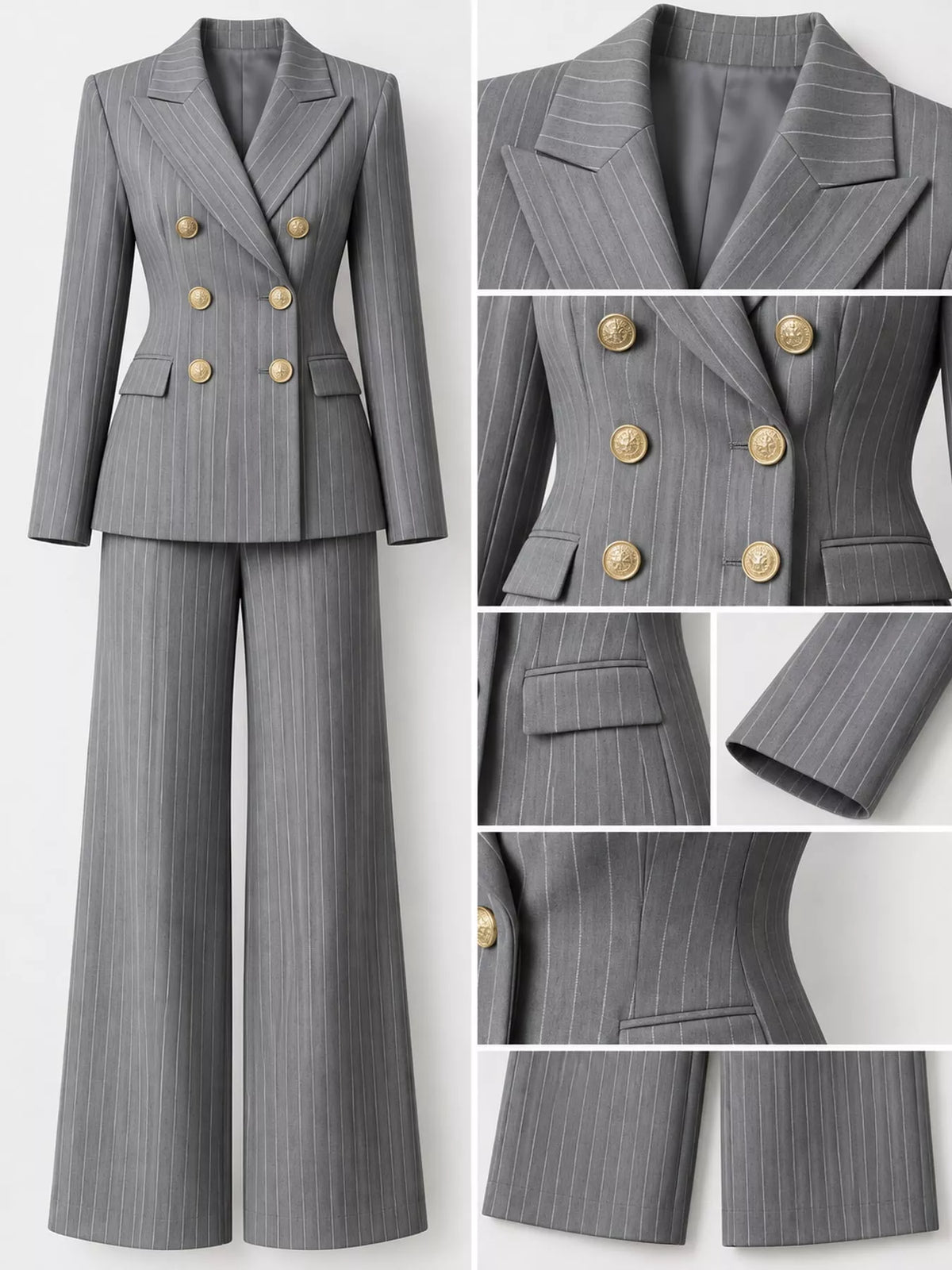 Gray pinstripe blazer and wide-leg pants set details: notch lapel and gold buttons