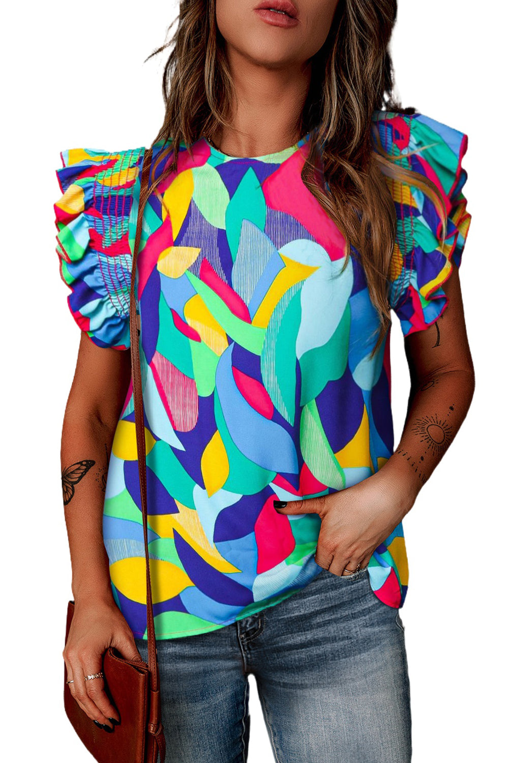 Printed round-neck butterfly-sleeve top with colorful abstract leaf pattern