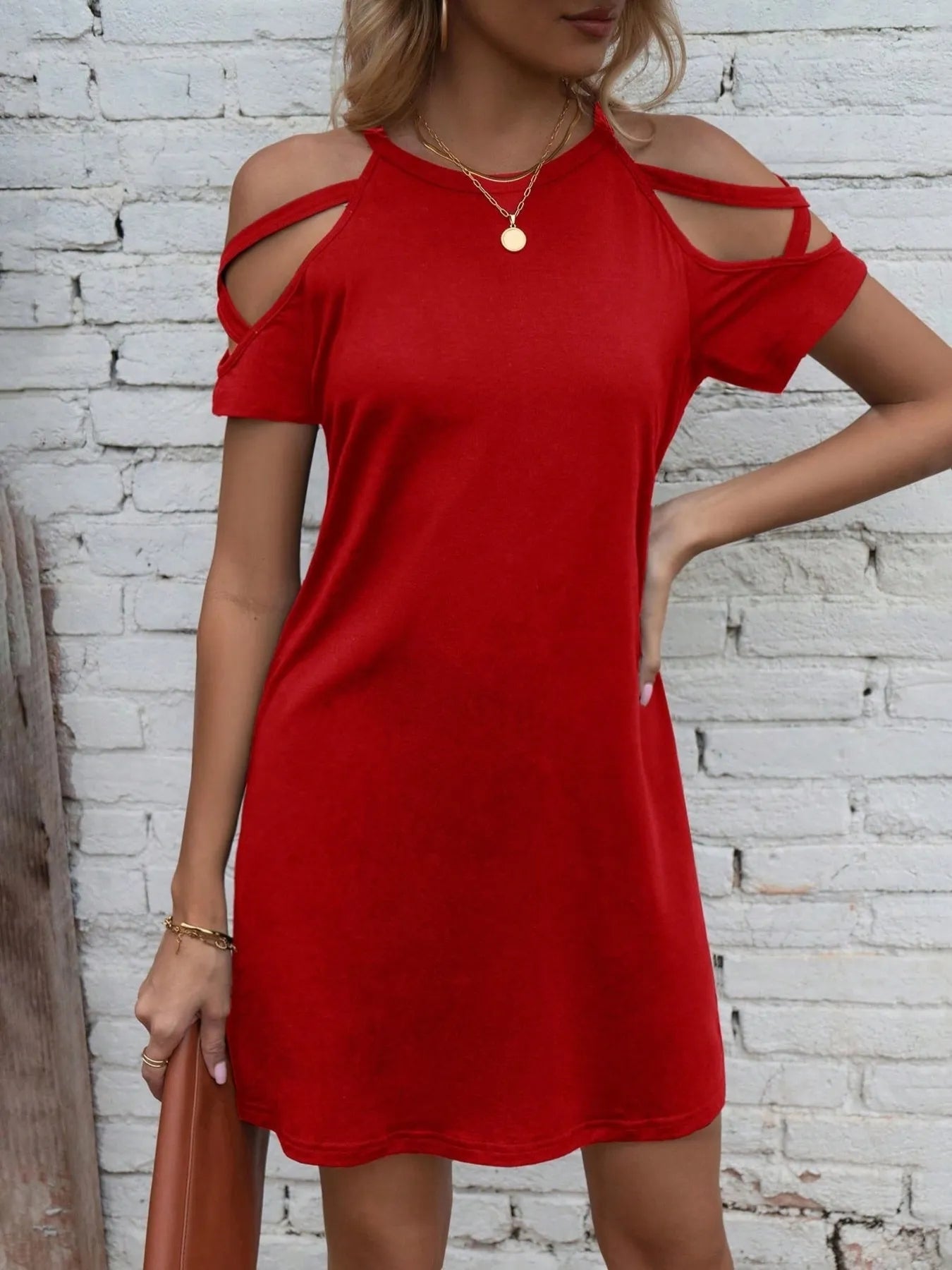 Cold Shoulder Mini Dress in red by Trendsi with shoulder cutouts