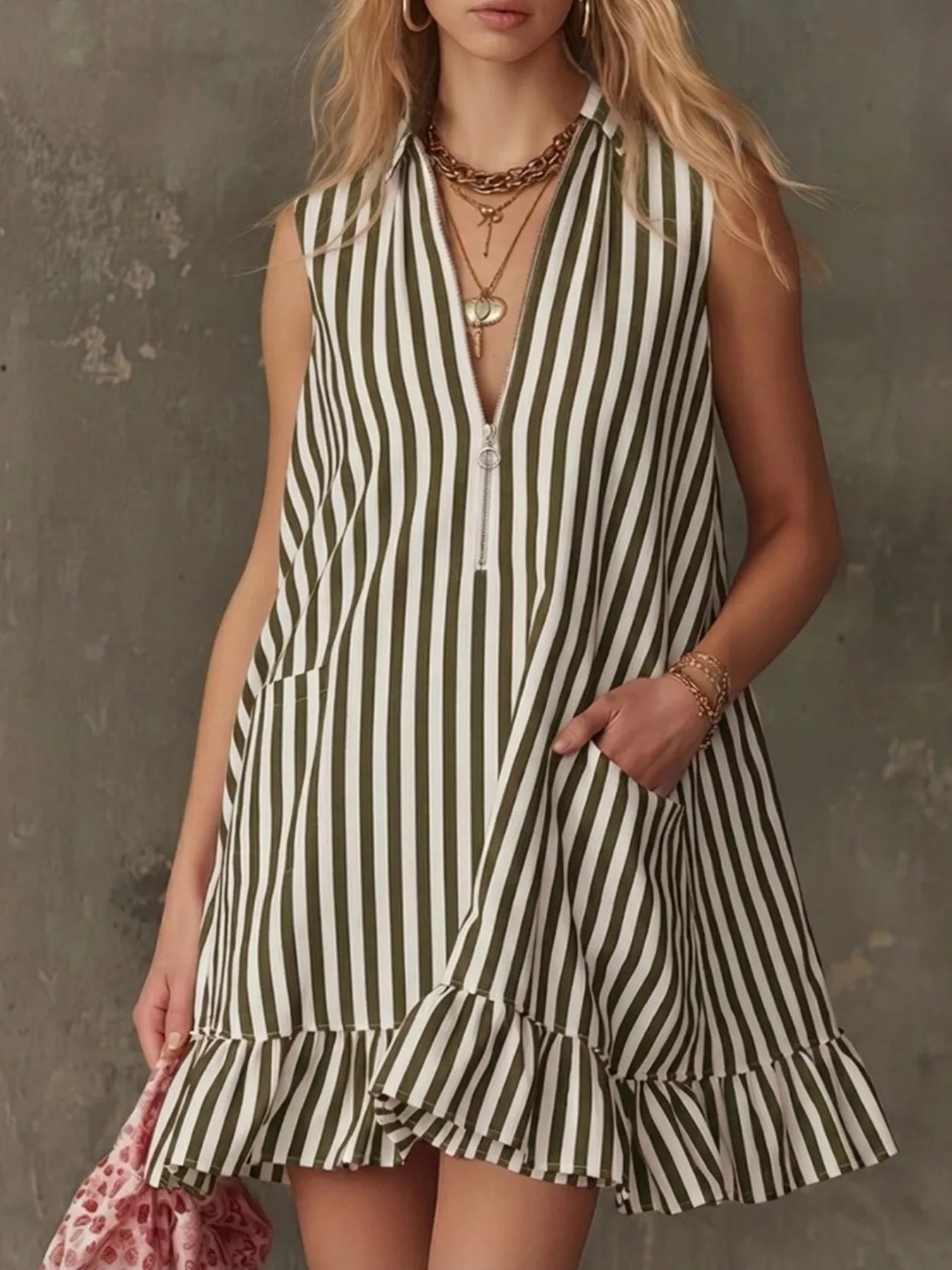 Sleeveless striped dress with front zipper and ruffle hem, olive green and white stripes