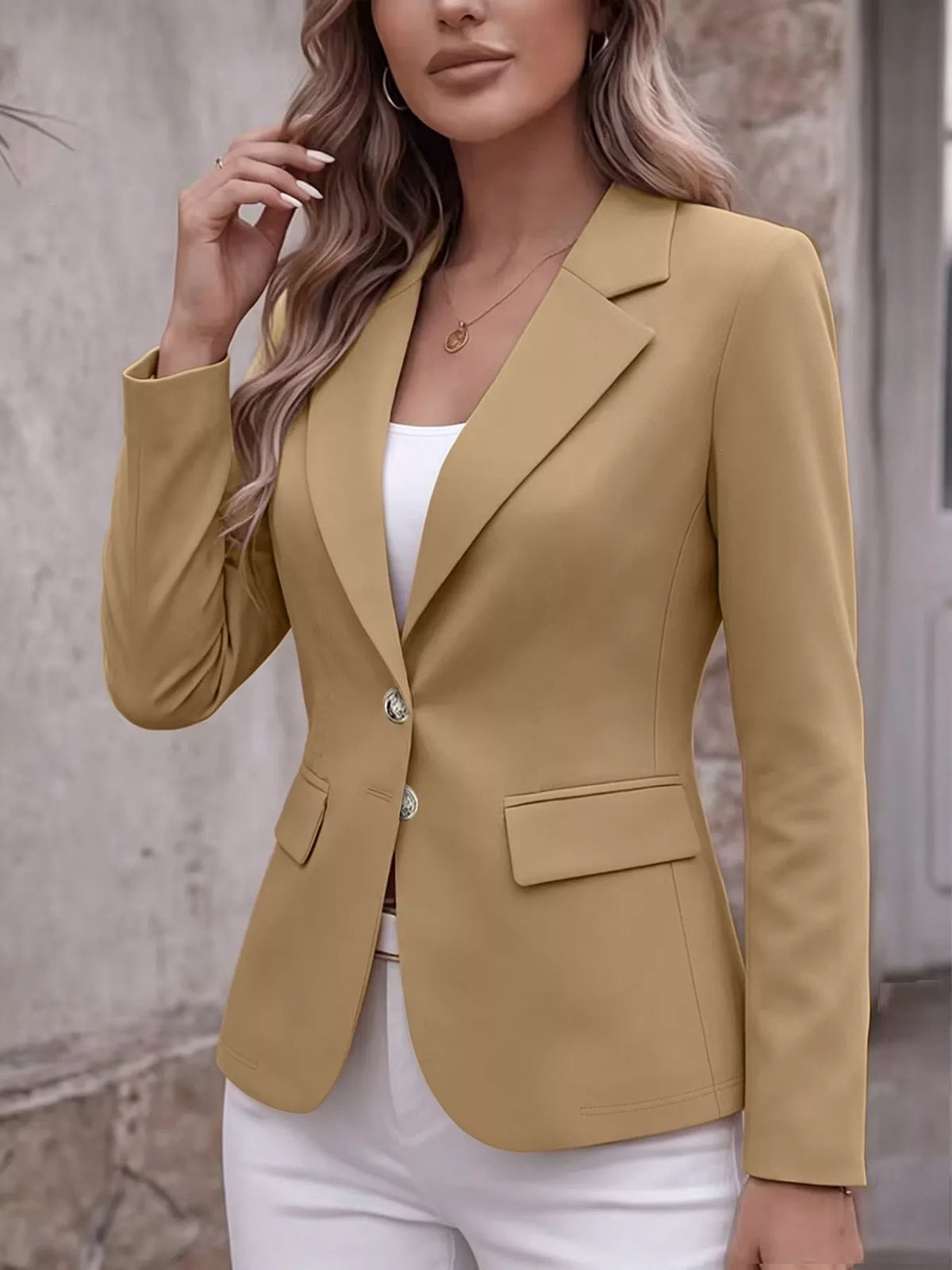 Khaki lapel-collar long-sleeve blazer jacket with gold-tone buttons and chest flap pocket