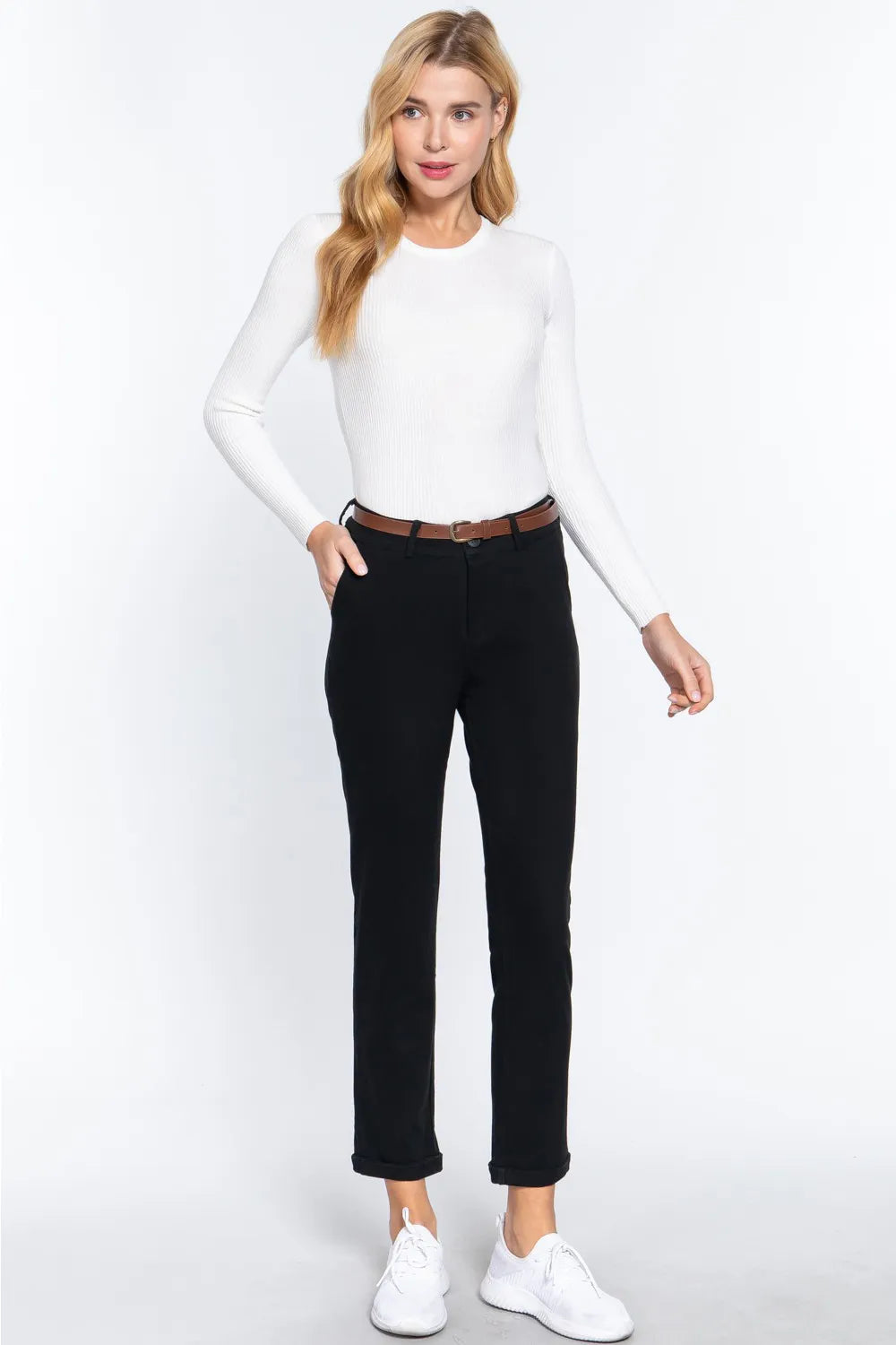 Black cotton-stretch twill straight pants with front pockets and belt loops