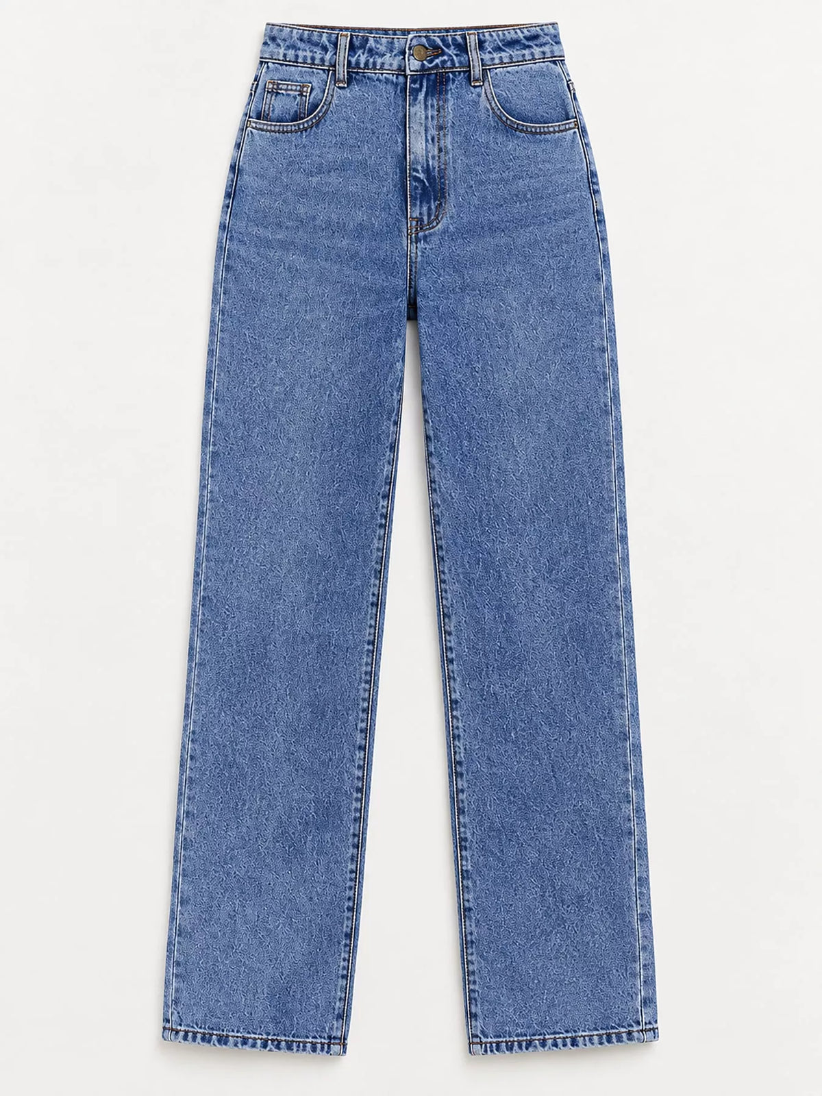 High-waisted vintage wash denim jeans, front view, wide straight leg and belt loops