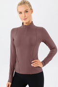 Mock neck active t-shirt in dusty rose, long sleeves, quarter-zip front