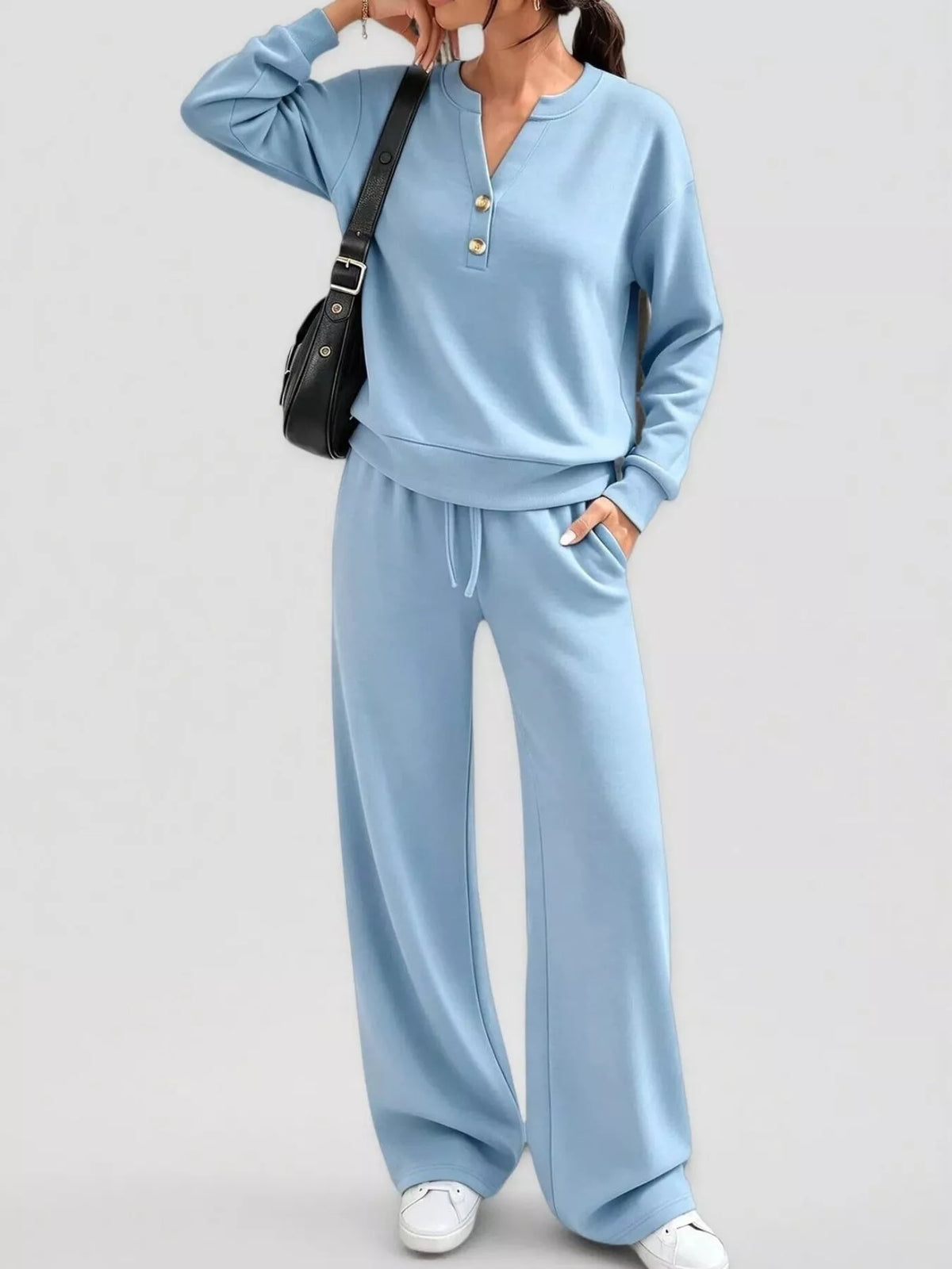 Light blue button-detail henley top and wide-leg drawstring pants set