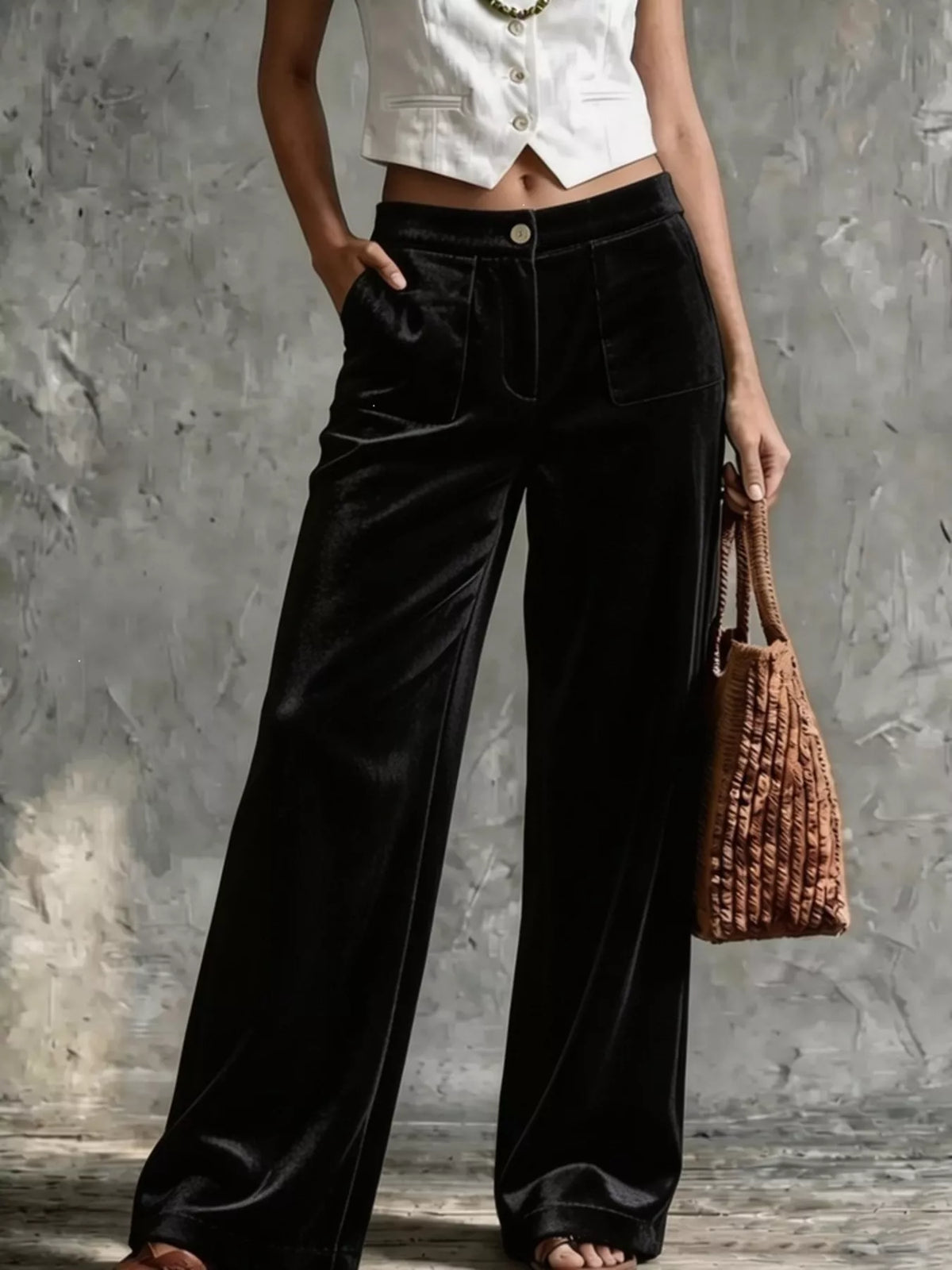 High-waist wide-leg velvet pants with pockets, black, button-front waist