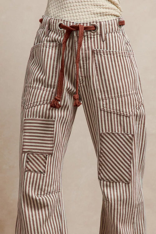BiBi drawstring striped twill barrel pants with patch cargo pockets and tie waist