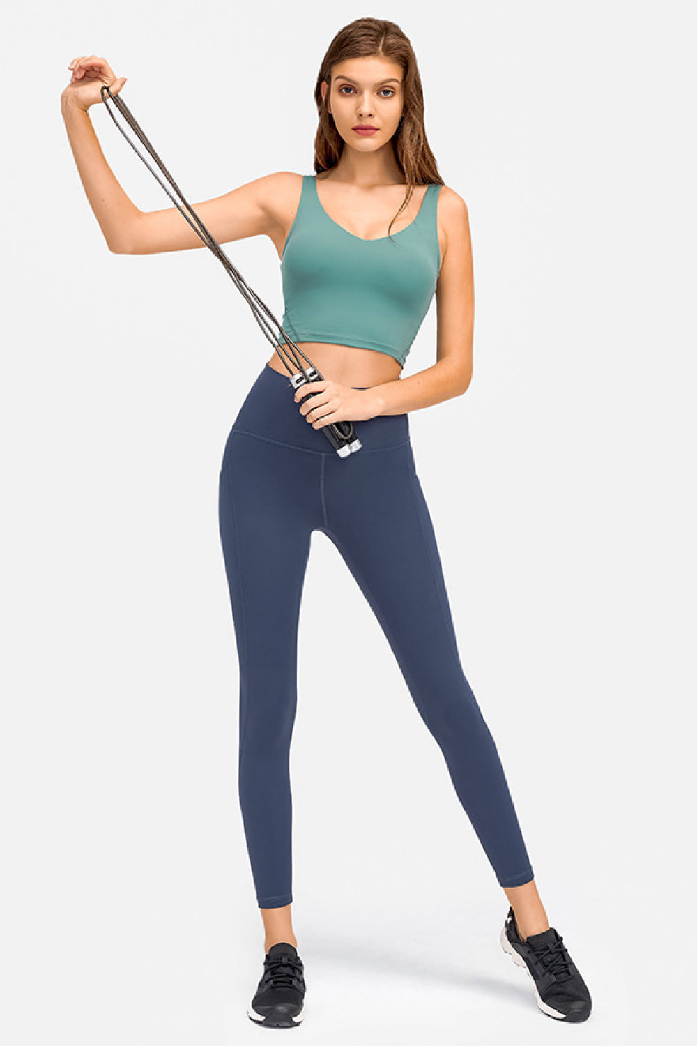 Teal deep V-neck crop sports bra with wide straps