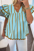 Cedar & Moore Stripe Ricrac Trim Double Ruffled Short Sleeve V-Neck Blouse in turquoise with brown stripes