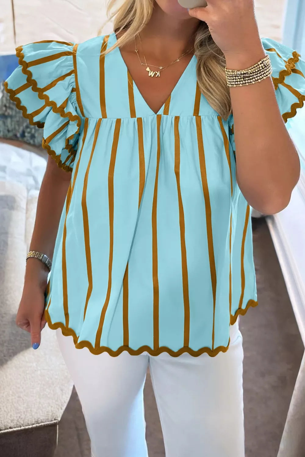 Cedar & Moore Stripe Ricrac Trim Double Ruffled Short Sleeve V-Neck Blouse in turquoise with brown stripes