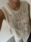 Apricot crochet hollow-out sleeveless sweater vest with scalloped openwork knit