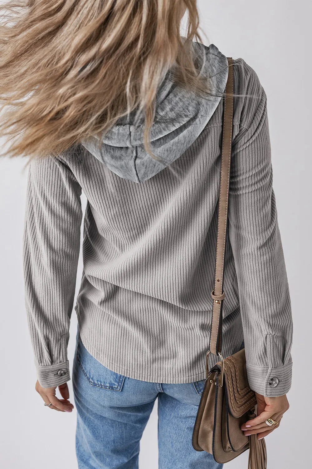 Gray striped hooded button-up jacket with drawstring, long sleeves and front pockets