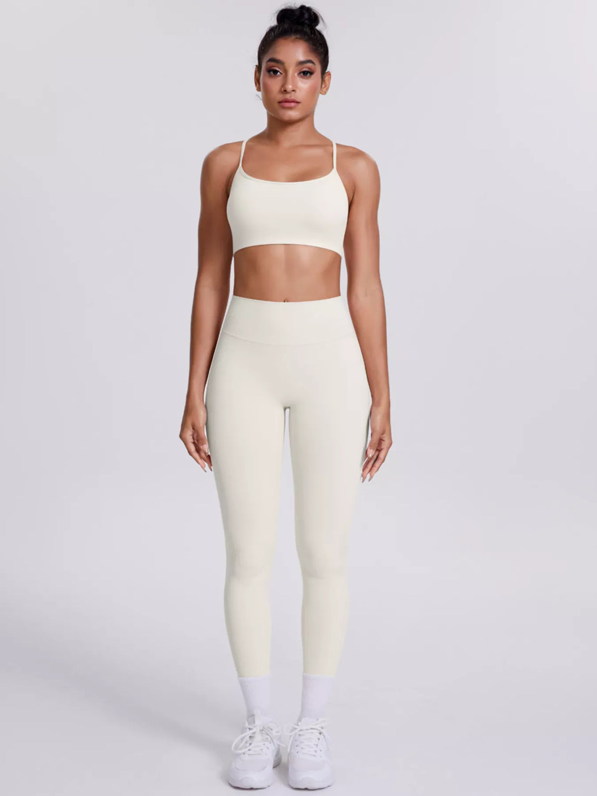 Cream seamless cami crop top and fitted capri leggings set