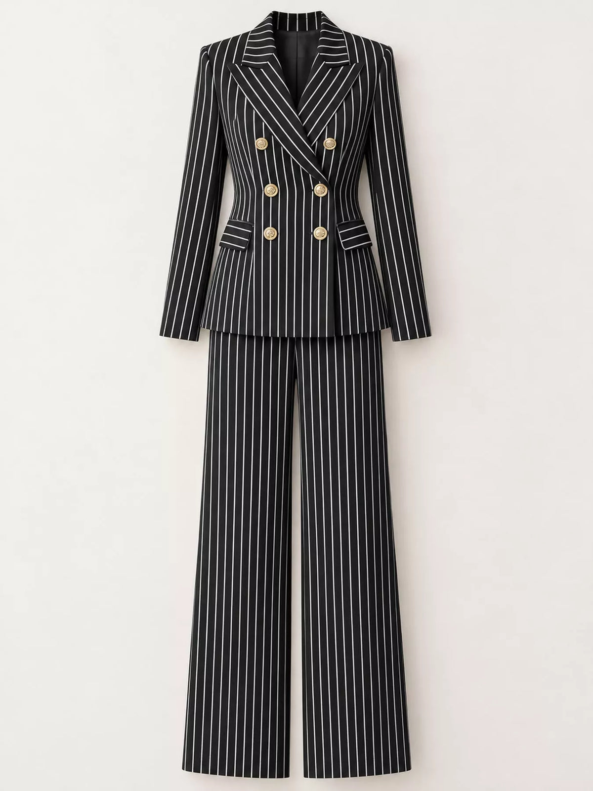 Black pinstripe double-breasted blazer and matching wide-leg pants set, flat lay.
