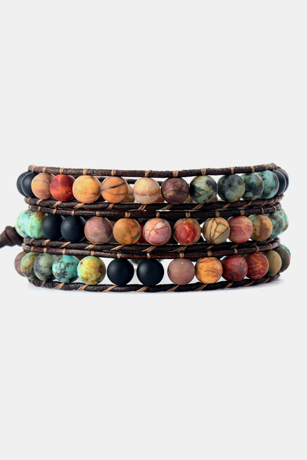 Triple-layer beaded bracelet with multicolor agate beads and braided leather cords