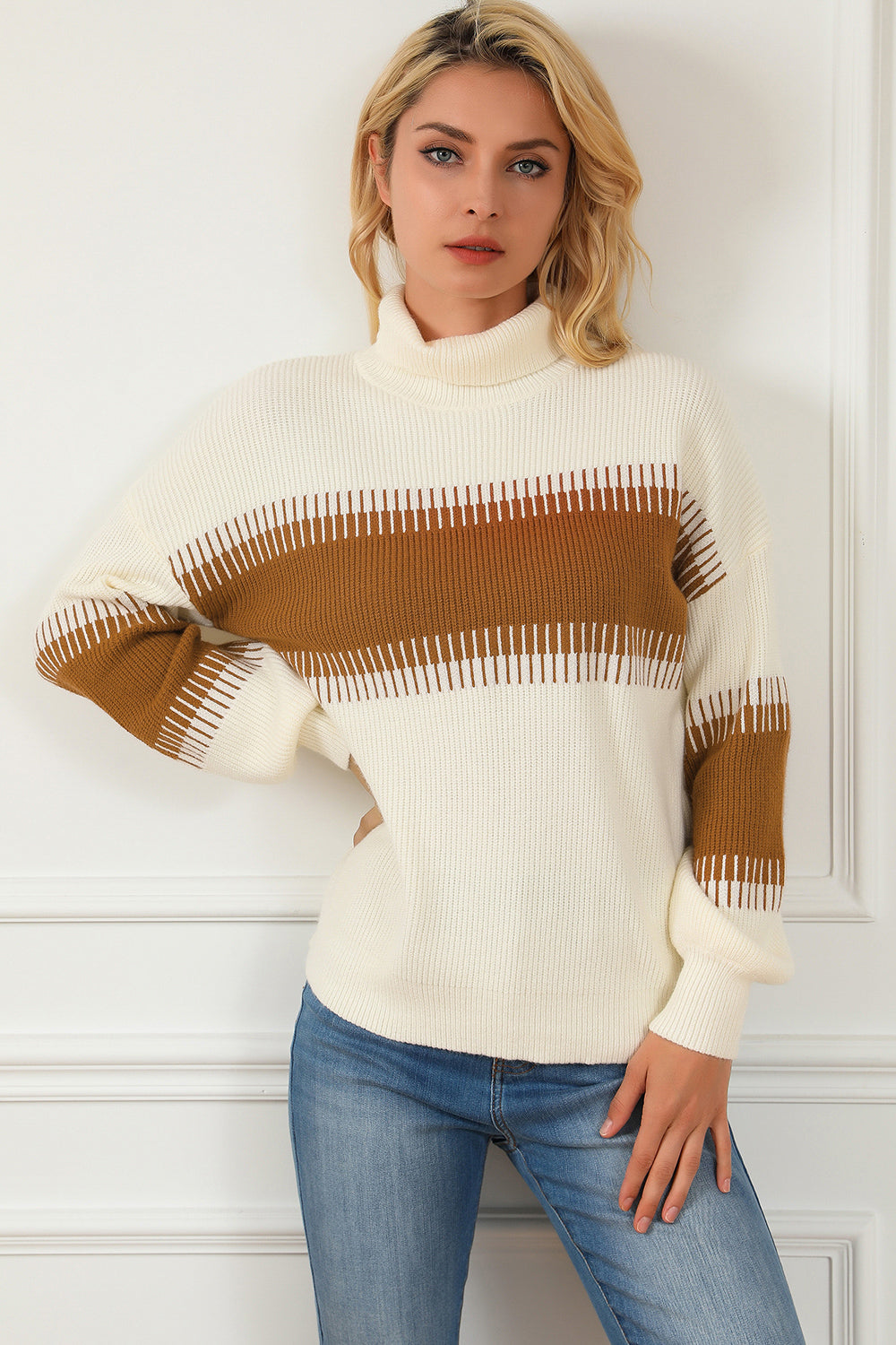 Cream knit turtleneck long-sleeve sweater with brown chest yoke stripe