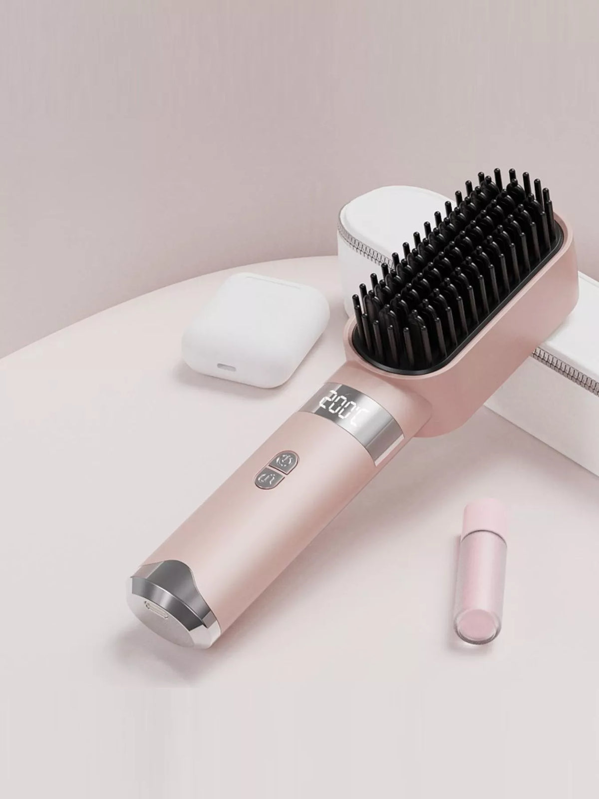 Peach straightening hot brush with LCD display and black heated pins