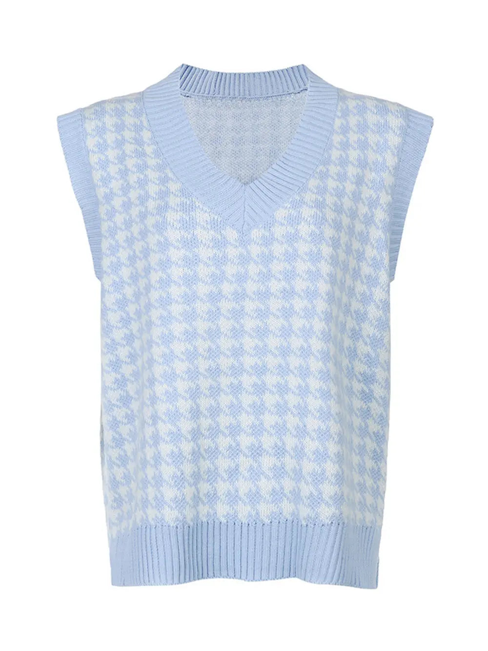 Light blue houndstooth knit sweater vest with V-neck and ribbed hem