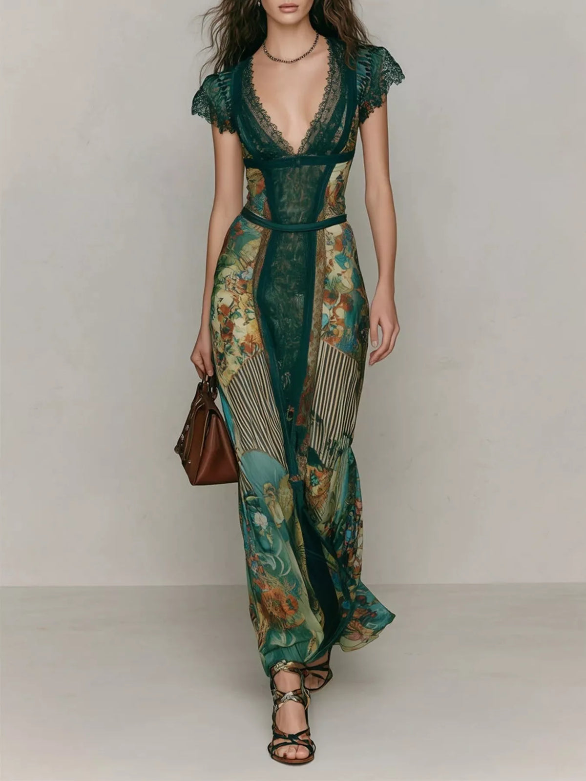 Green lace-trim cap sleeve maxi dress with deep V neckline, patchwork floral panels