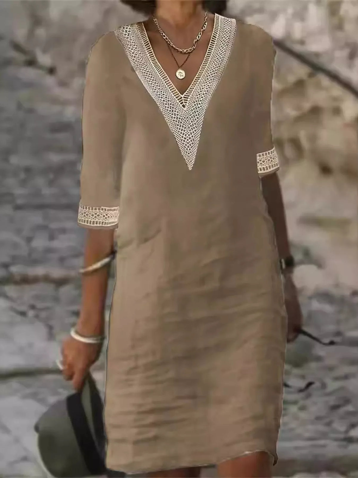 Taupe V-neck lace-trim half-sleeve dress with crocheted lace neckline and matching cuffs
