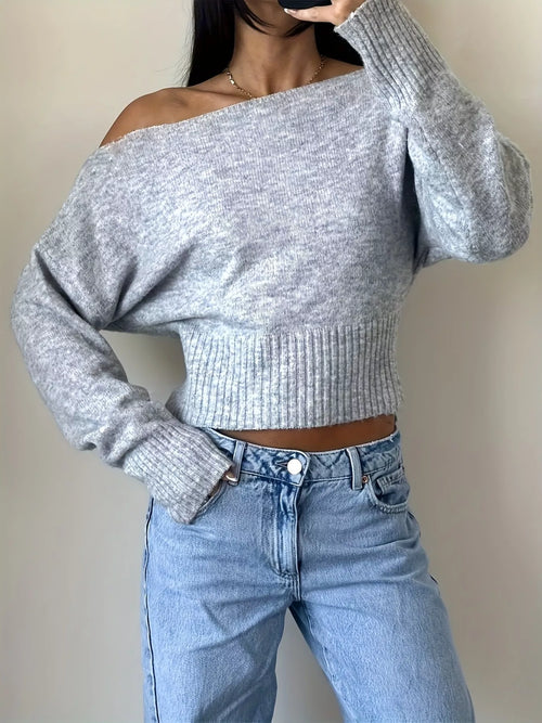 Boat-neck long sleeve sweater, gray with ribbed hem and cuffs