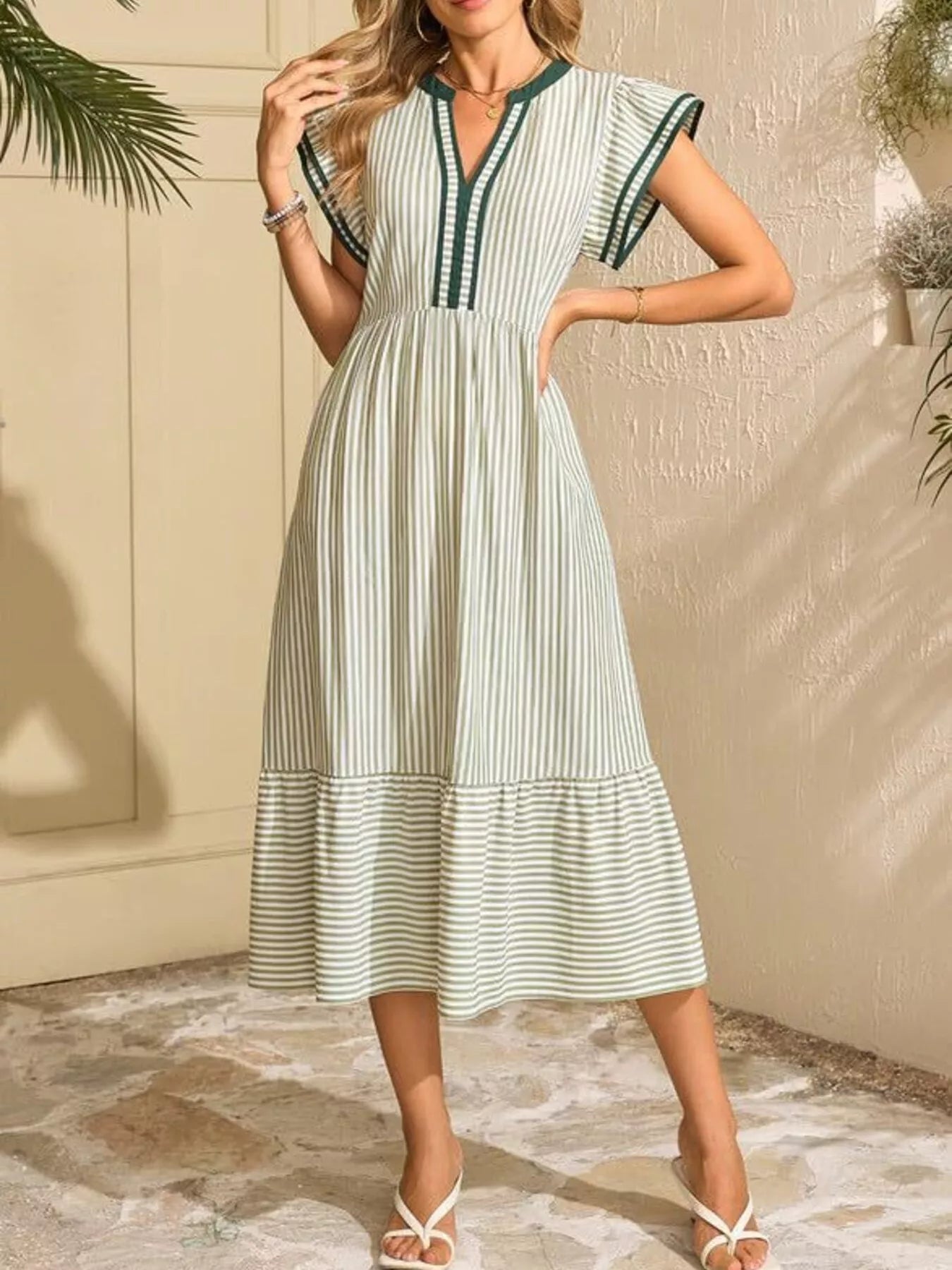 Striped notched-ruffle sleeve dress with pockets, green trim, midi length