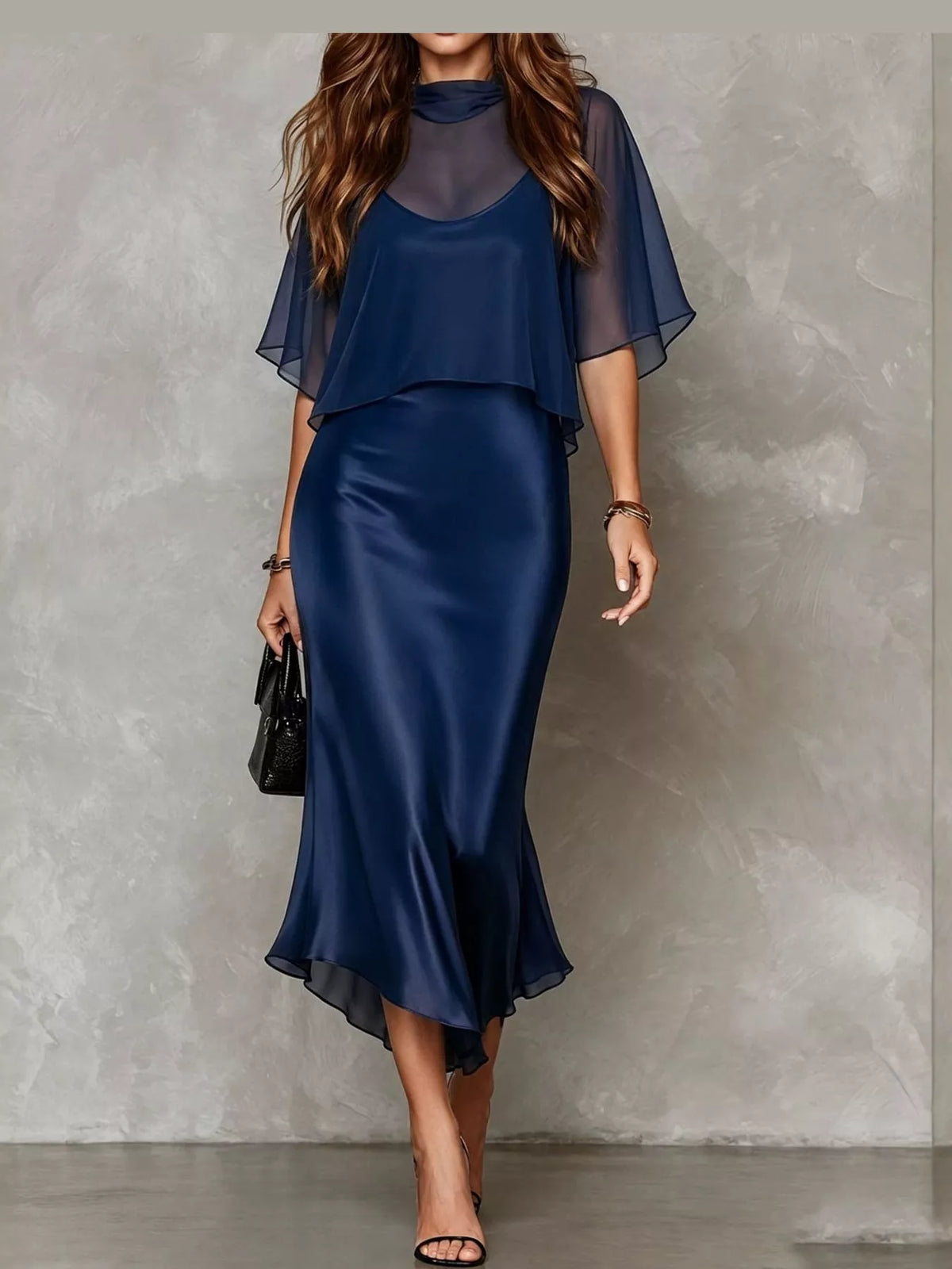 Dark blue satin cami midi dress with sheer overlay top and flared skirt hem