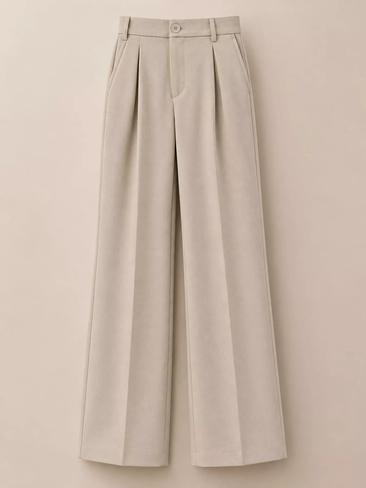 Light cream high-waisted pleated wide-leg pants with belt loops and front button