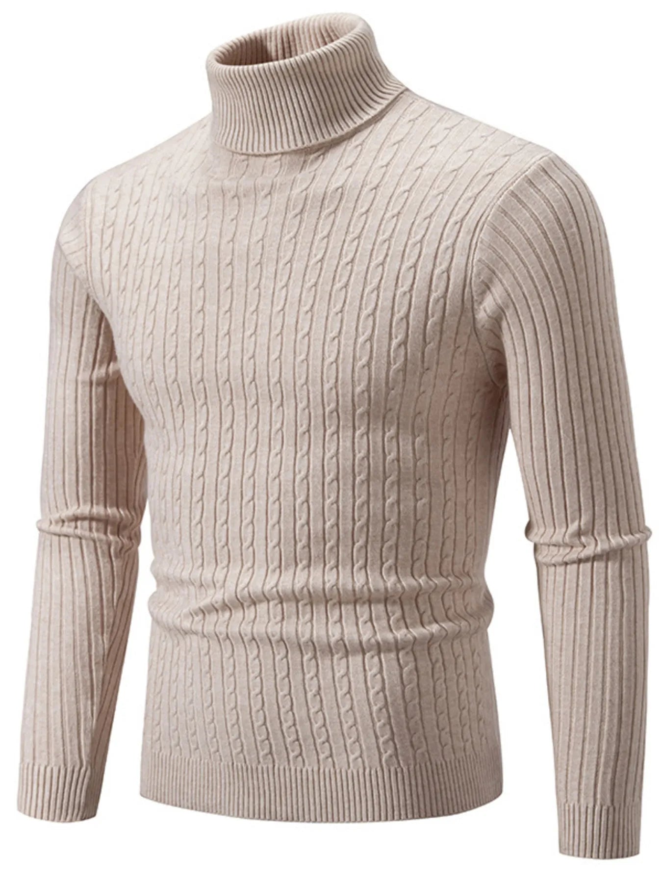 Men's plus size ribbed turtleneck sweater in light brown, long sleeves, ribbed knit texture.