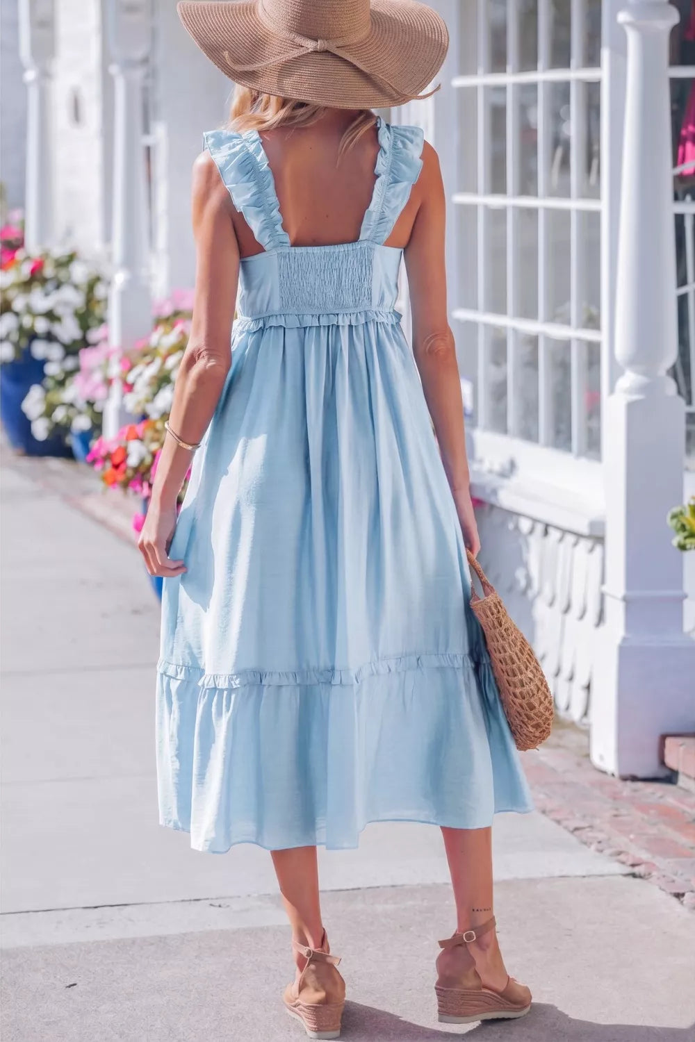 Cedar & Moore blue solid high-waist sleeveless dress with ruffle trim, back view, tiered midi-length