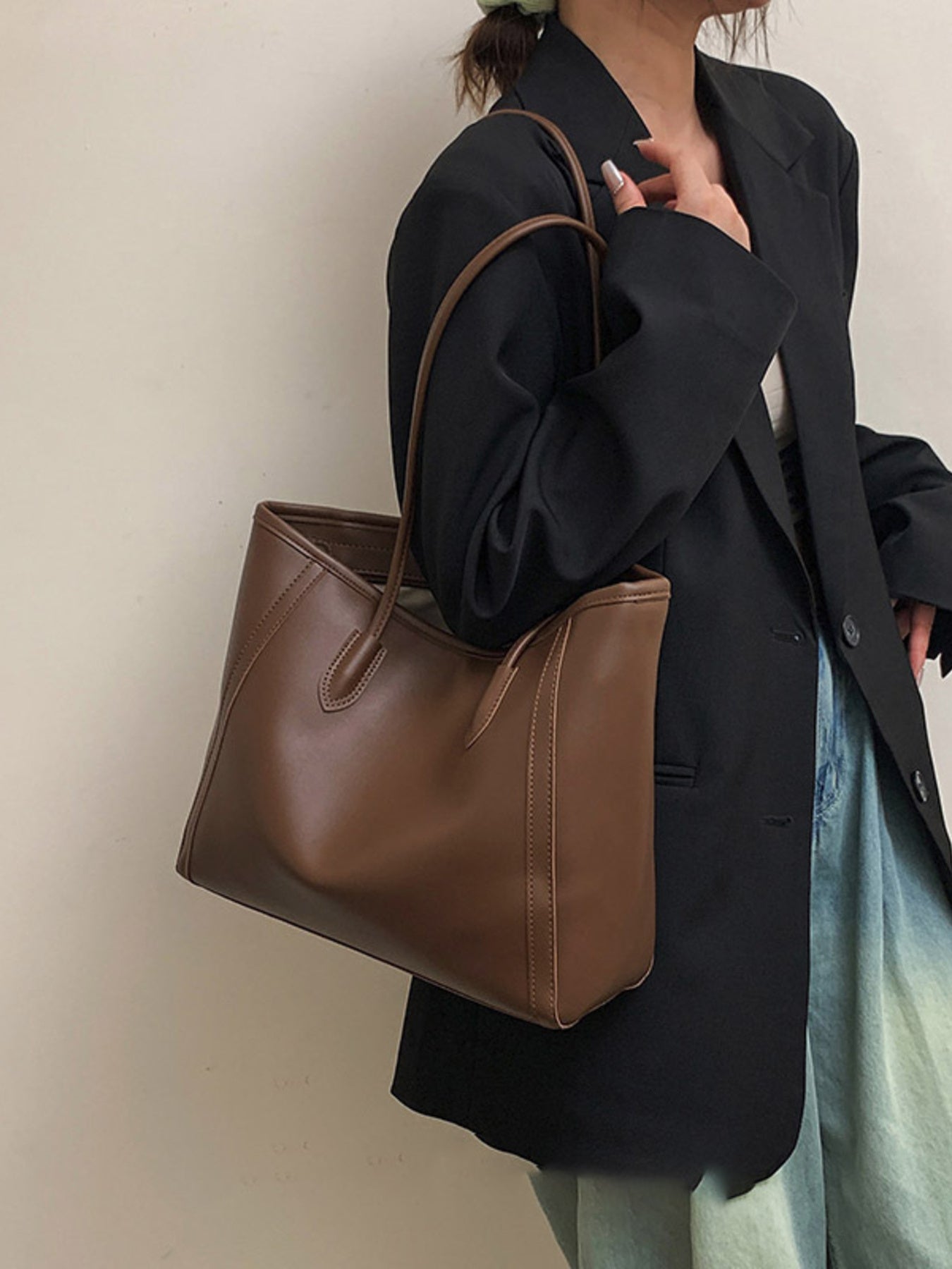 PU leather shoulder bag, brown, large tote with dual top handles