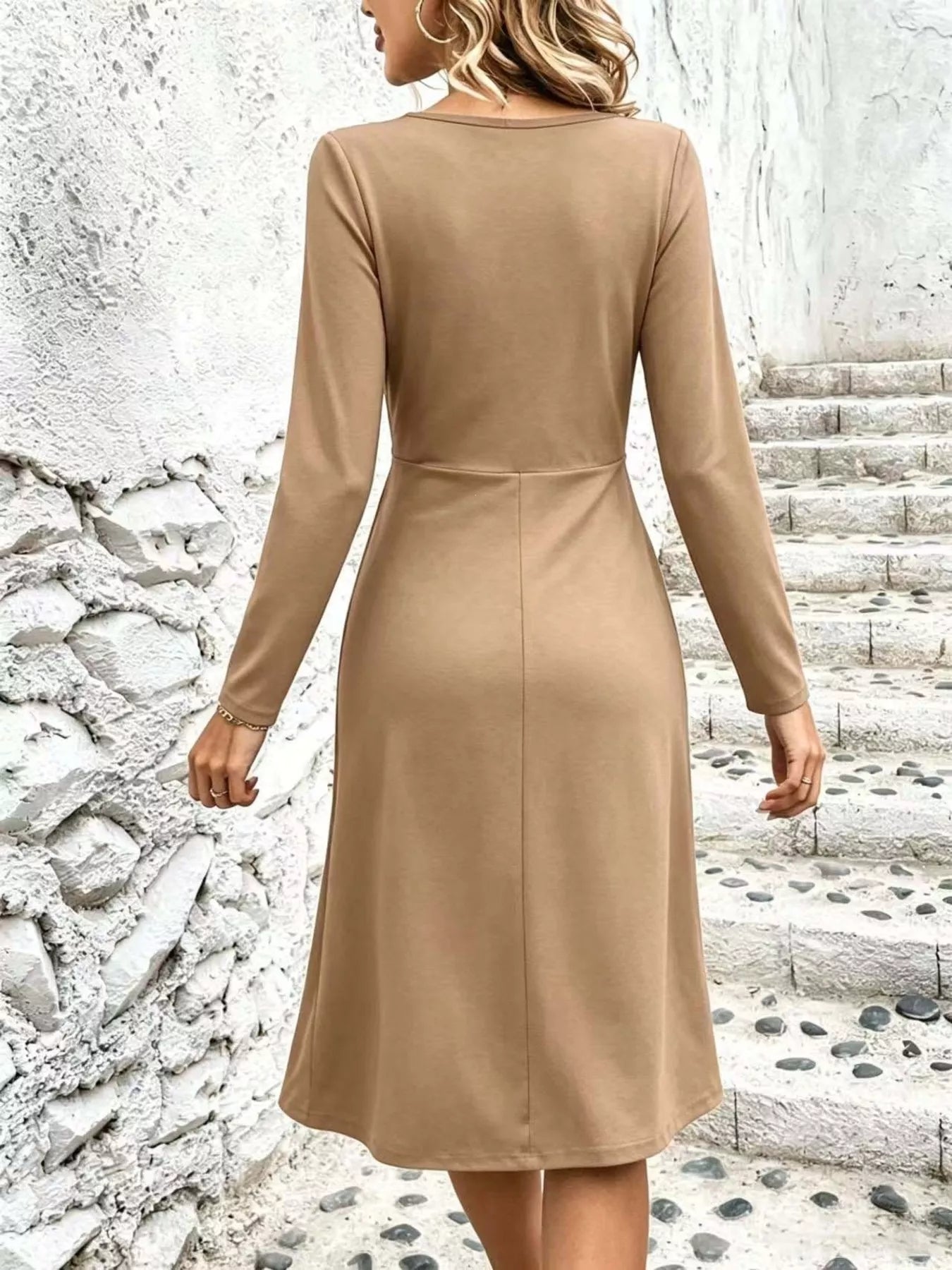 Khaki ruched surplice long-sleeve midi dress with V-neck and fitted wrap waist