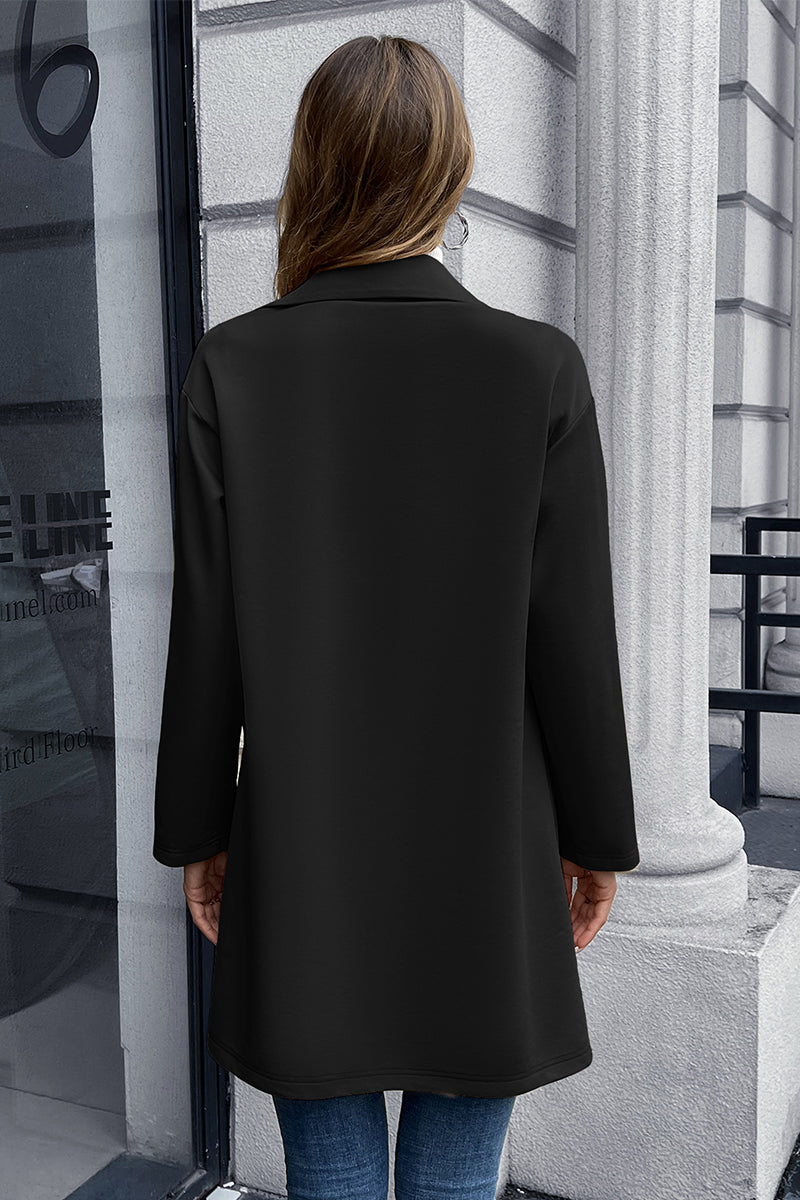 Black long sleeve blazer from back view with straight hem and lapel neckline