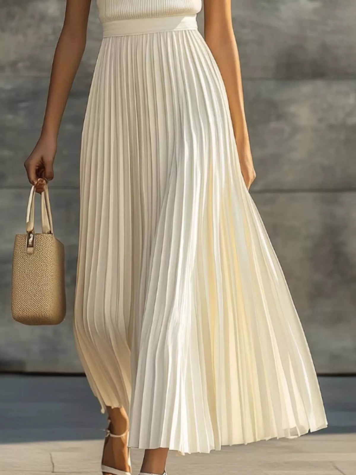 Beige sleeveless ribbed bodice pleated maxi skirt dress with elastic waist